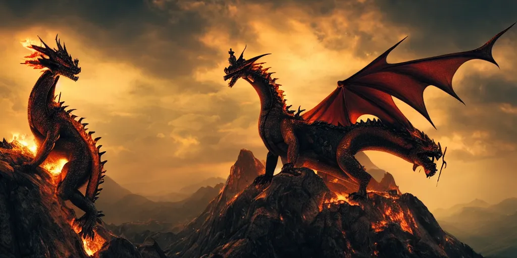 Image similar to A dragon breathing fire on the top of a mountain, epic composition, detailed and intricate image, cinematic, 4K