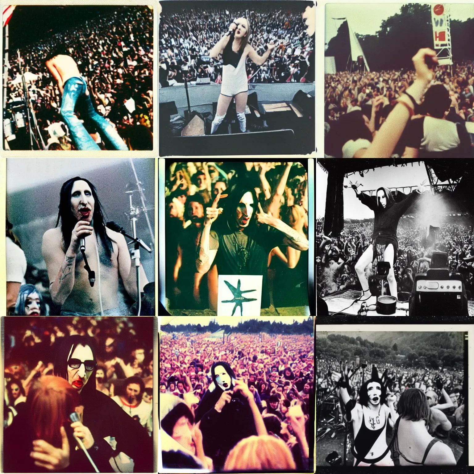 Prompt: polaroid photograph, marilyn manson on stage at woodstock 1 9 6 9