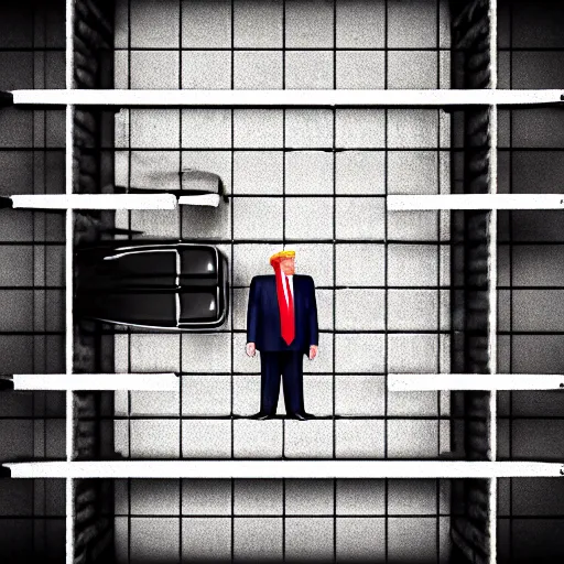 Prompt: vintage instamatic photo of Donald trump in jail, Puddles, parking lot, Isometric 3D, smooth 3D Illustration, Cinematic Matte Painting, volumetric lighting ,