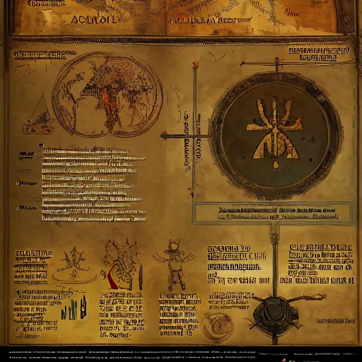 Prompt: A world where humanity remained loyal to archaic forces, and what followed was an unprecedented era of spiritual alchemy, Infographic and Marginalia, Artstation, epic