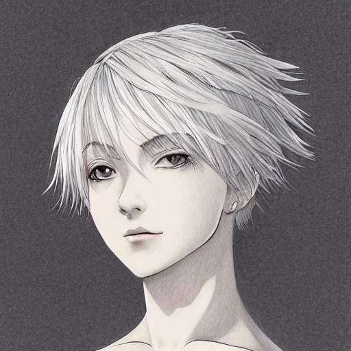 Prompt: portrait of a woman with short white hair, medium shot, illustration, highly detailed, high quality, by kentaro miura