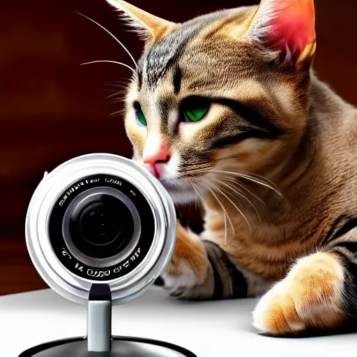 Image similar to a realistic cat pounding it's paw on the table facing a camera lens