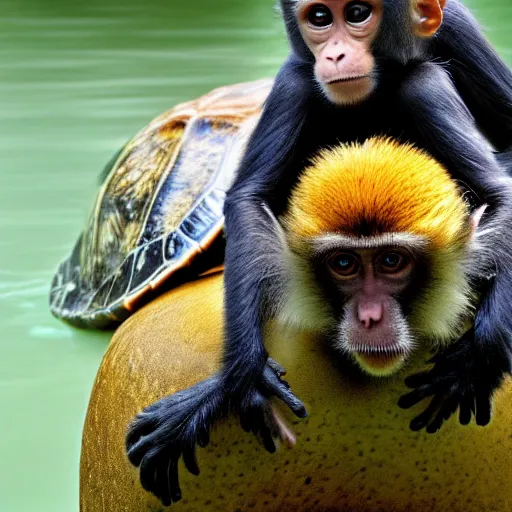 Image similar to nature photograph of a monkey sitting on the back of a turtle. national geographic