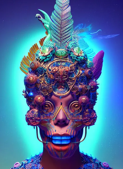 Image similar to 3 d goddess portrait, 8 k micro details global illumiantion beautiful intricate highly detailed quetzalcoatl skull and feathers. bioluminescent, plasma, lava, ice, water, wind, creature, thunderstorm! artwork by tooth wu and wlop and beeple and greg rutkowski, trending on artstation,