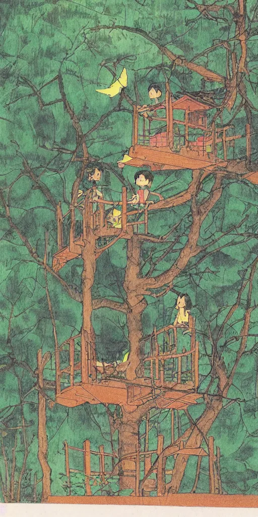 Prompt: Japanese childrens book illustration of a treehouse, 1980s, matte, tasteful