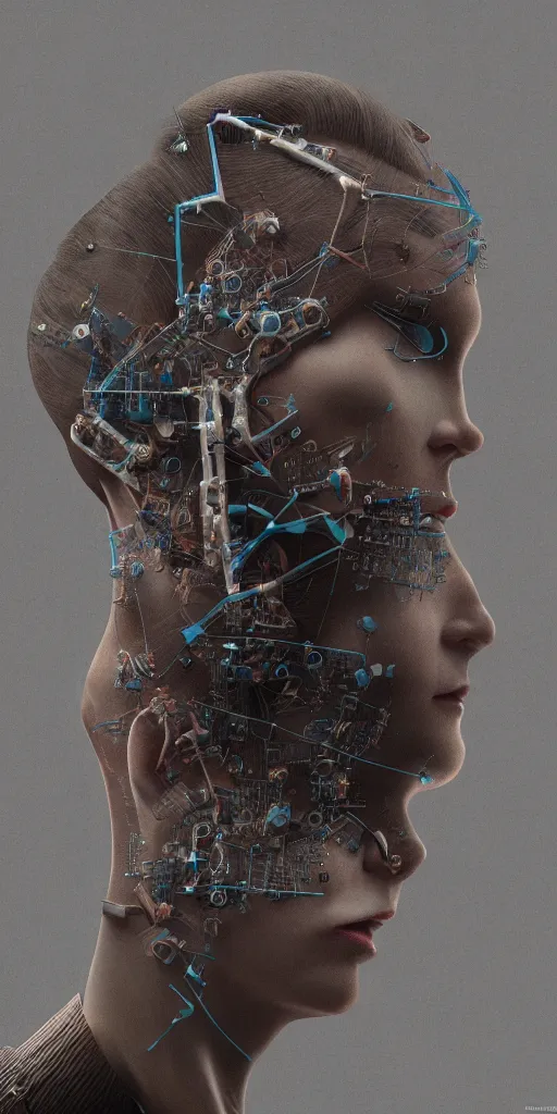 Prompt: a closeup of a businesswoman with computer motherboard parts built inside her head, Beksinski, Dariusz Zawadzki, very coherent symmetrical artwork. cinematic, hyper realism, high detail, octane render, 8k