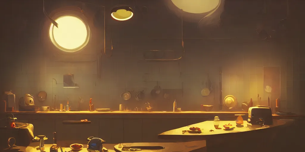 Prompt: minimalistic kitchen dim lit by a candle ripped physique simon stalenhag gerald brom bastien grivet by greg rutkowski, game background, fisheye camera