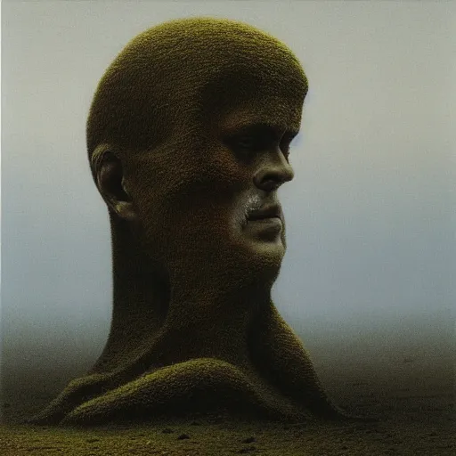 Image similar to the ego separates by zdzisław beksinski, oil on canvas, giant head statue ruins