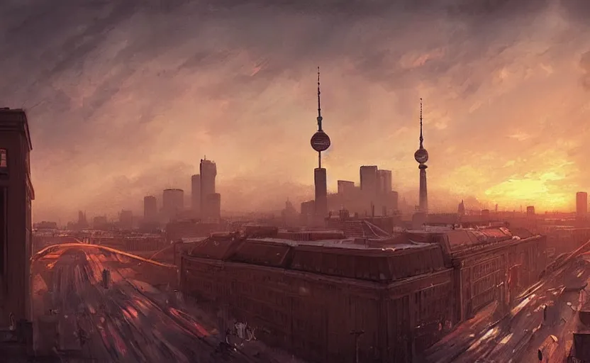 Image similar to painting of skyline of berlin at sunset, natural light, concept art, by greg rutkowski, cozy atmospheric and cinematic lighting