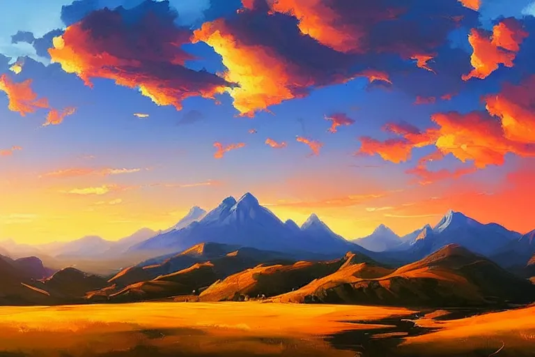 Prompt: a beautiful colorful nature landscape with clouds, mountains, in background, sunset, by rhads