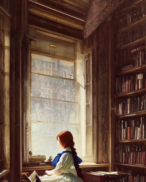 Prompt: a portrait of a victorian maid with long, flowing, auburn hair, standing in a victorian reading room, window, short bookshelf, holding a stack of books, vivid colors, soft lighting, atmospheric, cinematic, moody, in the style of Ilya Kuvshinov and Range Murata, Krenz Cushart, oil on canvas, anime, 8K