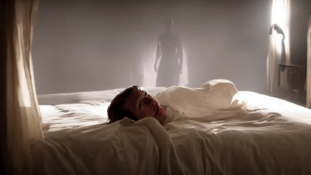 Prompt: the strange creature in the bed, film still from the movie directed by denis villeneuve and david cronenberg with art direction by wayne barlow