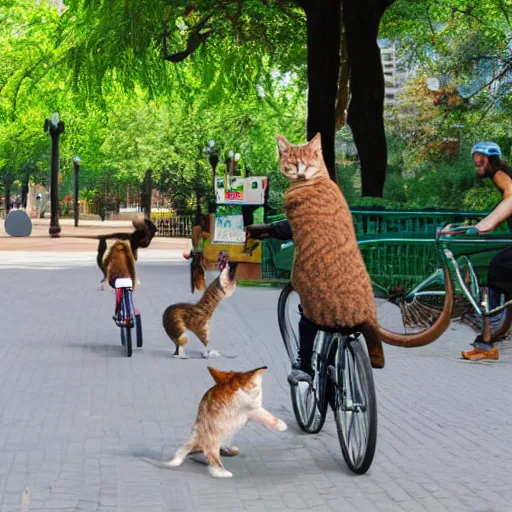 Prompt: photo cats stealing and riding a bicycle in a park in the afternoon