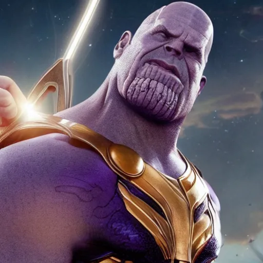 Prompt: Thanos holding Thor's hammer engraved with infinity stones
