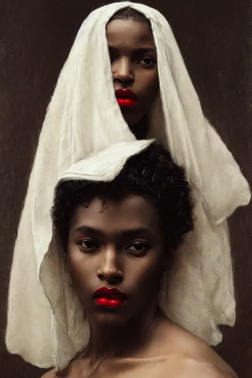 Prompt: portrait of a warrior, dark - skinned, very beautiful face, pleasant facial features, red lips, long snow - white hair, black closed velvet dress, leather armor, iron armor, white boots, clothes alexander mcqueen very beautiful style, photorealism, bouguereau, edgard maxence