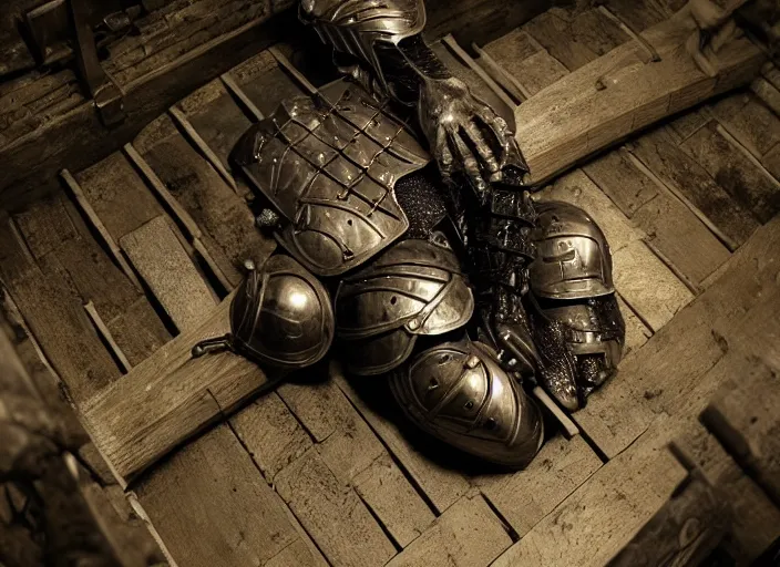 Image similar to a beautiful composition detailed photograph of a dead poisoned armored knight paladin lying in a wooden bed in a cell in a dungeon.