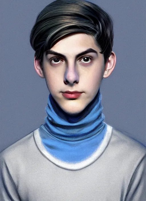 Image similar to portrait of teenage jughead jones wearing a light grey crown, crown, blue turtleneck, 1 9 5 0 s, closed eyes, photorealistic, black hair, glowing lighting, intricate, elegant, glowing lights, highly detailed, digital painting, artstation, concept art, smooth, sharp focus, illustration, art by wlop, mars ravelo and greg rutkowski