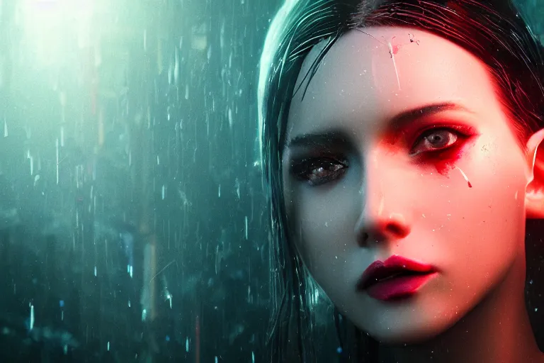 Image similar to Cyberpunk ​​girl transforming face, fangs, syringes, forest, fog, volumetric light, style Blade runner 2049