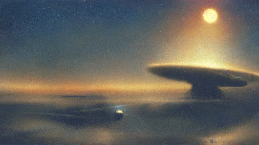 Prompt: spaceships landing, mystical sunset, by john harris, painting