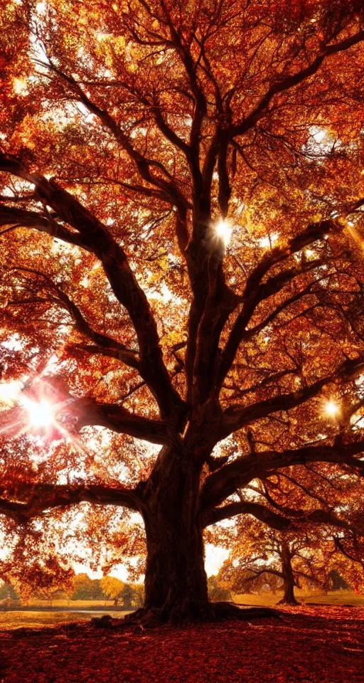 Prompt: beautiful ancient tree made of bone with crimson autumn leaves, melancholy autumn light, red leaves, white bone tree, atmospheric HD photograph, lens flare, depth of field