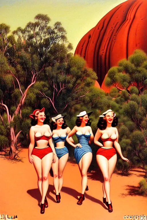 Image similar to 1940s group of pinup bikini girls walking around 1940s Ayers Rock, Uluru, in Australia, oil painting, by Gil Elvgren