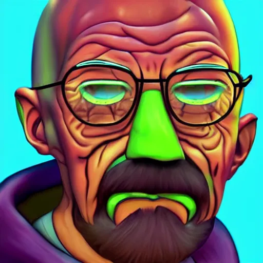 Image similar to digital art of Walter white as pickle rick from rick and morty, detailed, realism, cartoon art