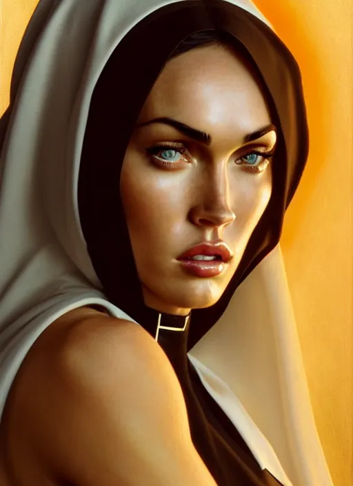 Prompt: portrait of megan fox as a hot and sultry nun, catholic, church, bible, christian, intrigante, headshot, highly detailed, digital painting, artstation, concept art, sharp focus, cinematic lighting, illustration, art by artgerm and greg rutkowski, alphonse mucha, cgsociety