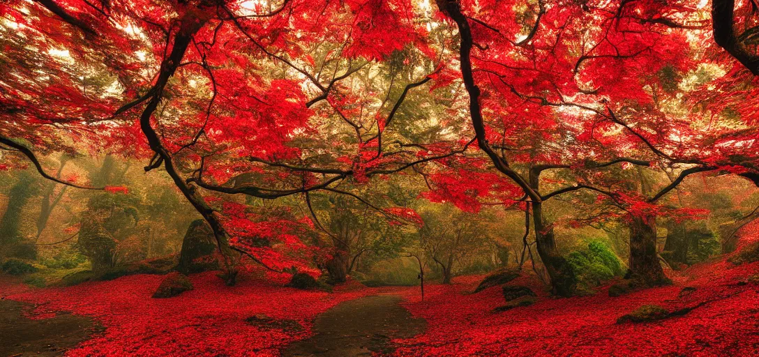 Prompt: a landscape of red leaves, above the canopy, the air filled with gusts of red leaves, in the style of Ghibli