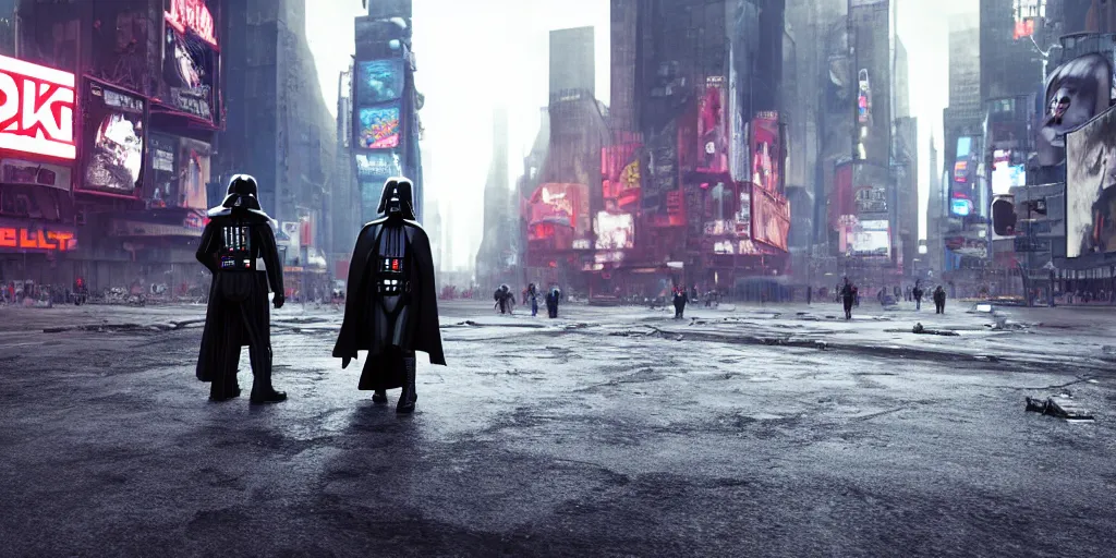Prompt: a photo of darth vader walking in the empty streets of a post apocalyptic times square, 8 k, 3 d, octane render, realism, detailed, terror, sci - fi
