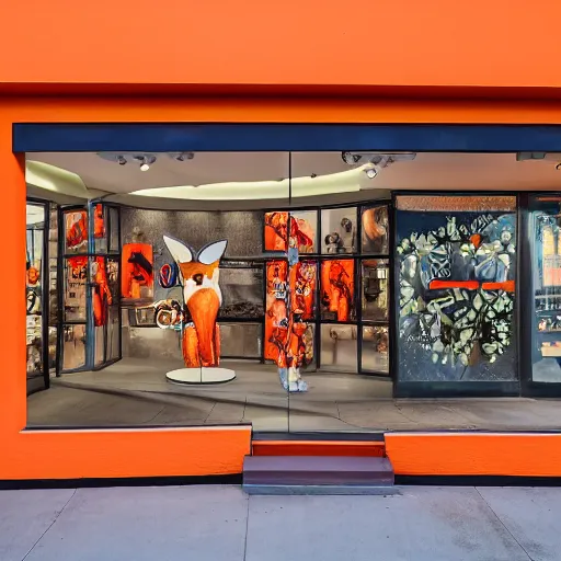 Image similar to a shopping mall picture outside of a fox-themed clothing store vendor, designed after foxes, Fox design patterns on the orange wall, realistic photo