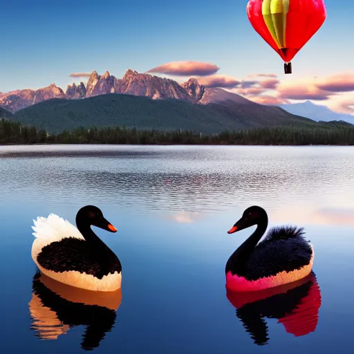 Image similar to photo of two black swans swimming in a beautiful reflective mountain lake, touching heads, forming a heart with their necks, a colorful hot air balloon is flying above the swans, hot air balloon, intricate, portrait, 8k highly professionally detailed, HDR, CGsociety, octane render, 4k