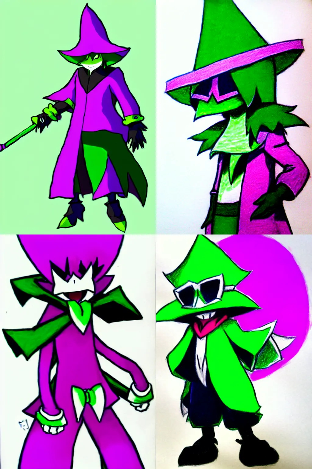 Prompt: a drawing of Ralsei from Deltarune, cel shading, featured on DeviantArt, green and magenta, Tumblr