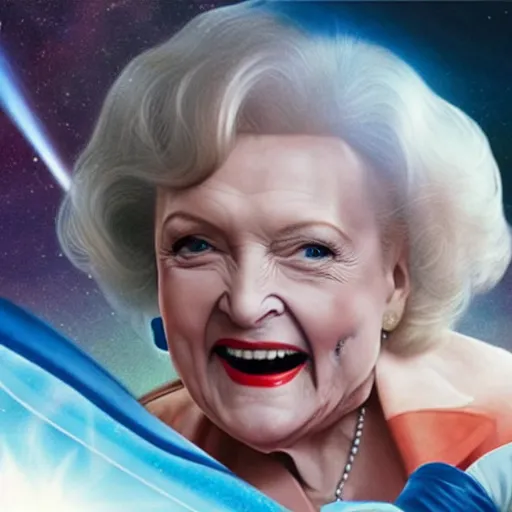 Image similar to betty white straddling a dolphin in space, 2 0 2 1 weta digital