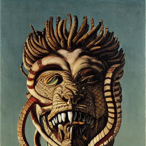 Prompt: a snake snake disguised as a lion head neck neck head mane tall long viper teeth head eyes giorgio de chirico peter doig greg rutkowski lucian freud arsen savadov dan witz vik muniz