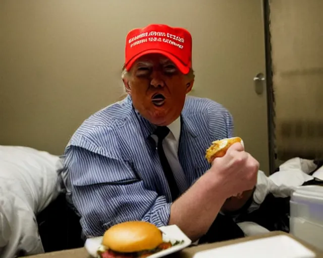 Prompt: Reuters Photograph of Donald Trump in jail cell, eating a cheeseburger, uhd, 8k, wide angle lense, fisheye.