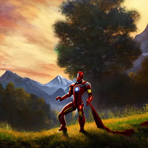 Image similar to a closeup photorealistic photograph of bob ross diligently finishing a canvas painting depicting iron man. mountains and trees. film still. brightly lit scene. this 4 k hd image is trending on artstation, featured on behance, well - rendered, extra crisp, features intricate detail, epic composition and the style of unreal engine.