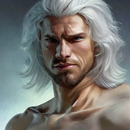 Prompt: david the destroyer, handsome, white hair, soft hair, upper body, muscular, hairy torso, fantasy, intricate, elegant, highly detailed, digital painting, artstation, concept art, smooth, sharp focus, illustration, art by artgerm and greg rutkowski and alphonse mucha