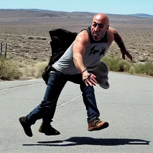 Image similar to joe rogan heroically saving an alien from area 5 1 while being chased by the cia protecting his rights