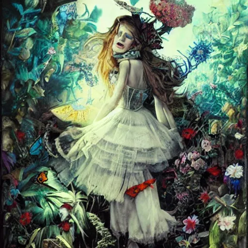 Prompt: alice in wonderland high on weed, intricate detail, painting, royo, frazetta, whealan,