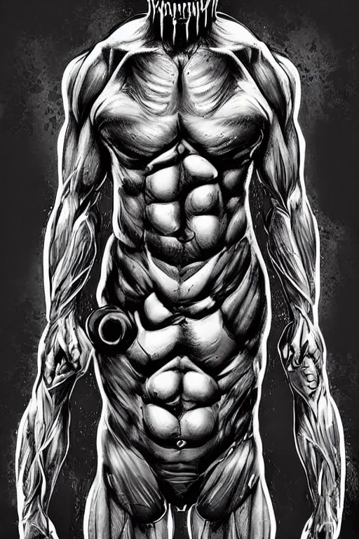 Prompt: black and white illustration, creative design, body horror, muscle monster