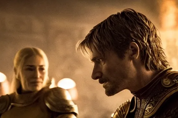 Image similar to very very intricate photorealistic photo of jaime lannister defeating cersei, photo is in focus with detailed atmospheric lighting, award - winning details