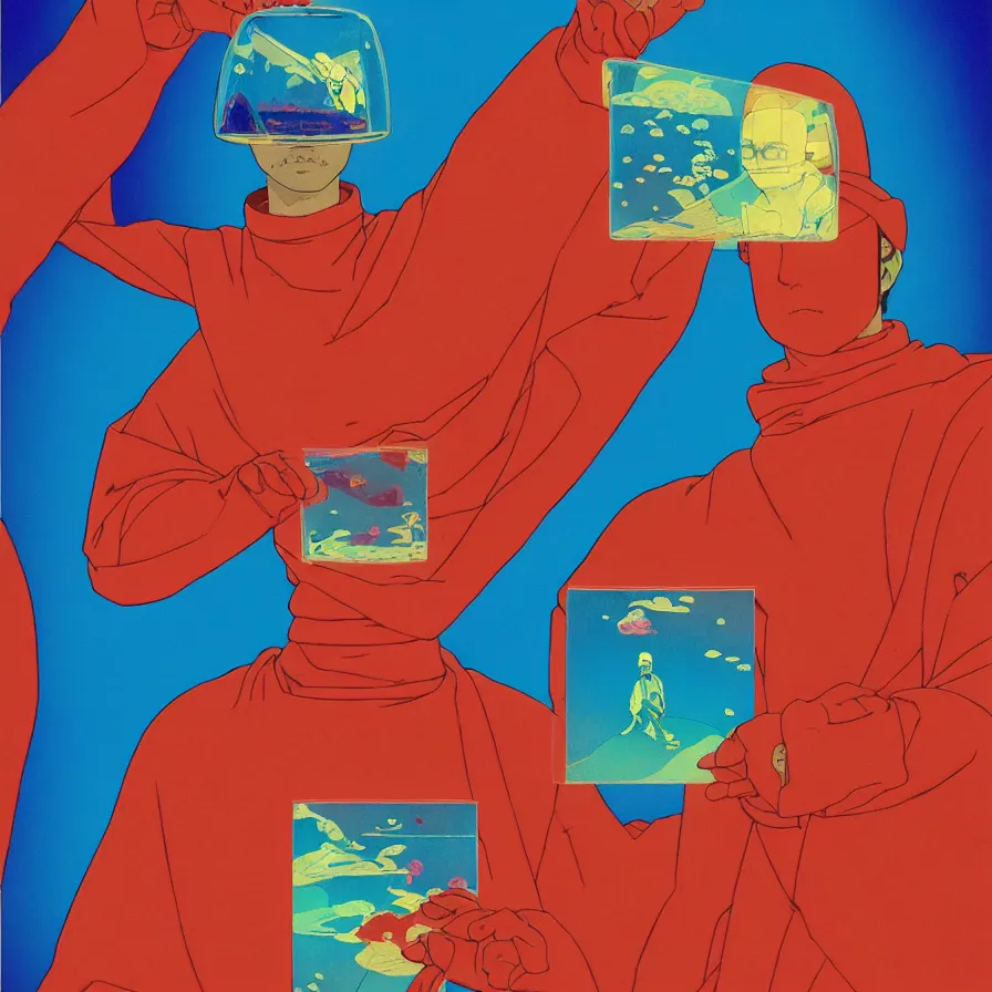 Prompt: an transparent glass portrait of a ninja holding a colorful blotter paper of lsd acid and dreaming psychedelic hallucinations in the vast icy landscape of antarctica, by soul bass, kawase hasui, moebius and edward hopper, colorful flat surreal design, xray hd, 8 k, artstation