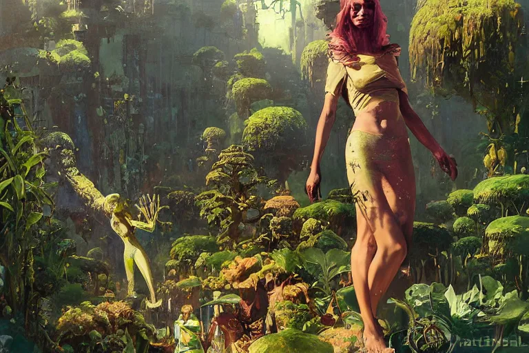 Image similar to pulp scifi fantasy illustration, elegant woman meets lizard alien in beautiful garden, flowers, baobab trees, distant town in valley and hills, spacehip, by norman rockwell, jack kirby, john berkey, bergey, craig mullins, ruan jia, raymond swanland, jeremy mann, beksinski, tom lovell, rodney matthews