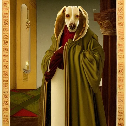 Image similar to Portrait of an anthropomorphic White brown Greyhound wearing a mink robe in an abbey. Very high quality. Drawn by James Christensen