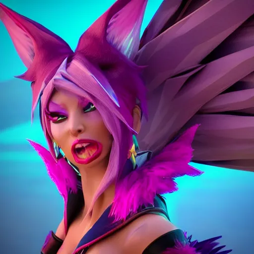 Image similar to still close up of pretty Xayah (Wild Rift) in KDA More music video. 3d render, octane render, game art, realistic, highly detailed, trending on artstation, 4k, trending on artstation, pixar, cgsociety, unreal engine 5, redshift render, trending on artstation, blender, behance, cg