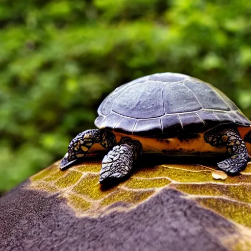 Prompt: lush deserted island on a turtle back escaping a volcano