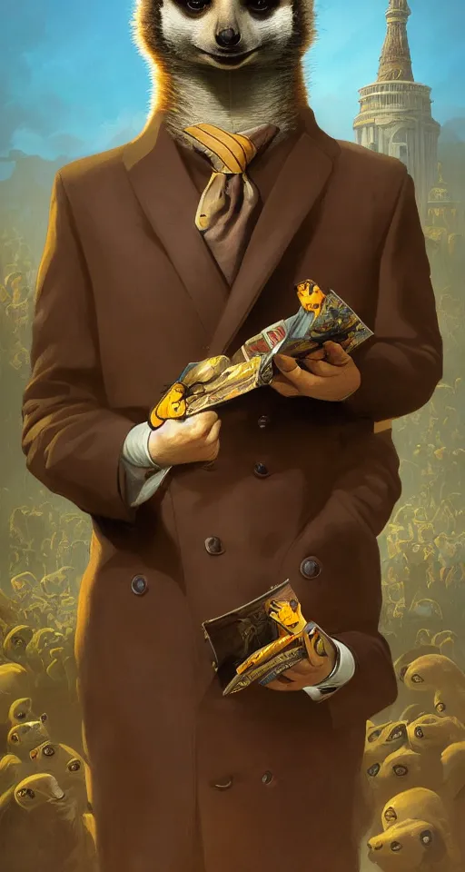 Image similar to a meerkat with suit as president of russia, pulp art, deep focus, turnaround, pulp art, fantasy, intricate, elegant, highly detailed, digital painting, artstation, concept art, matte, sharp focus, illustration, hearthstone, art by rhads and artgerm and greg rutkowski and alphonse mucha