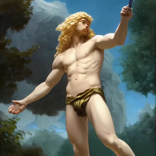 Prompt: Apollo the pale blond Greek God league of legends on his day off, long fluffy curly blond hair, highly detailed, digital painting, artstation, concept art, smooth, sharp focus, illustration, ArtStation, art by artgerm and greg rutkowski and alphonse mucha and Edmund Blair Leighton and Charlie Bowater