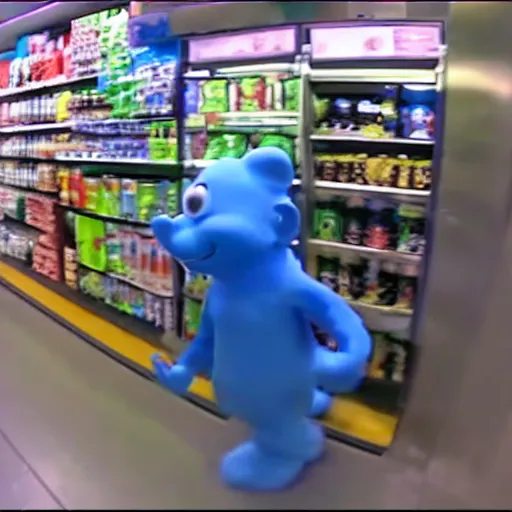 Image similar to security camera footage of a smurf breaking into a convenience store.