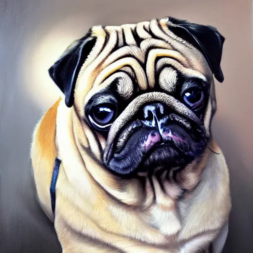 Image similar to oil painting, a pug with gothic emo hair, intricate, masterpiece, artstation, stunning